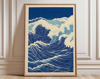 Japanese Wave Poster, Ocean Wall Art, Blue Wave Print, Coastal Home Decor, Hokusai Inspired Artwork, Nautical Sea Illustration