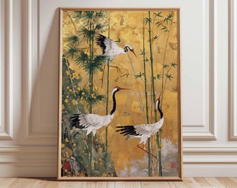 Poster di gru giapponese, arte murale tradizionale asiatica, stampa di gru in bambù dorato, opera d'arte di uccelli orientali, elegante decorazione giapponese senza cornice
