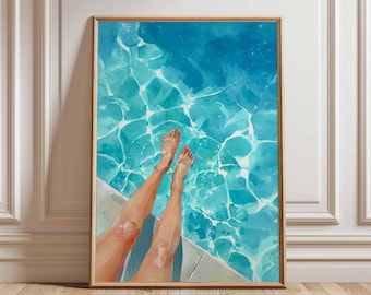 Summer Poolside Poster, Relaxing Swimming Pool Wall Art, Legs in Water Print, Modern Coastal Decor, Blue Water Summer Vibes Artwork