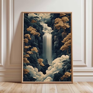 Poster Wasserfall am Berg – ruhige Landschaftskunst, asiatisch inspiriertes Naturdekor, ruhige Wasserfallkunst, Wolken- und Baumdruck
