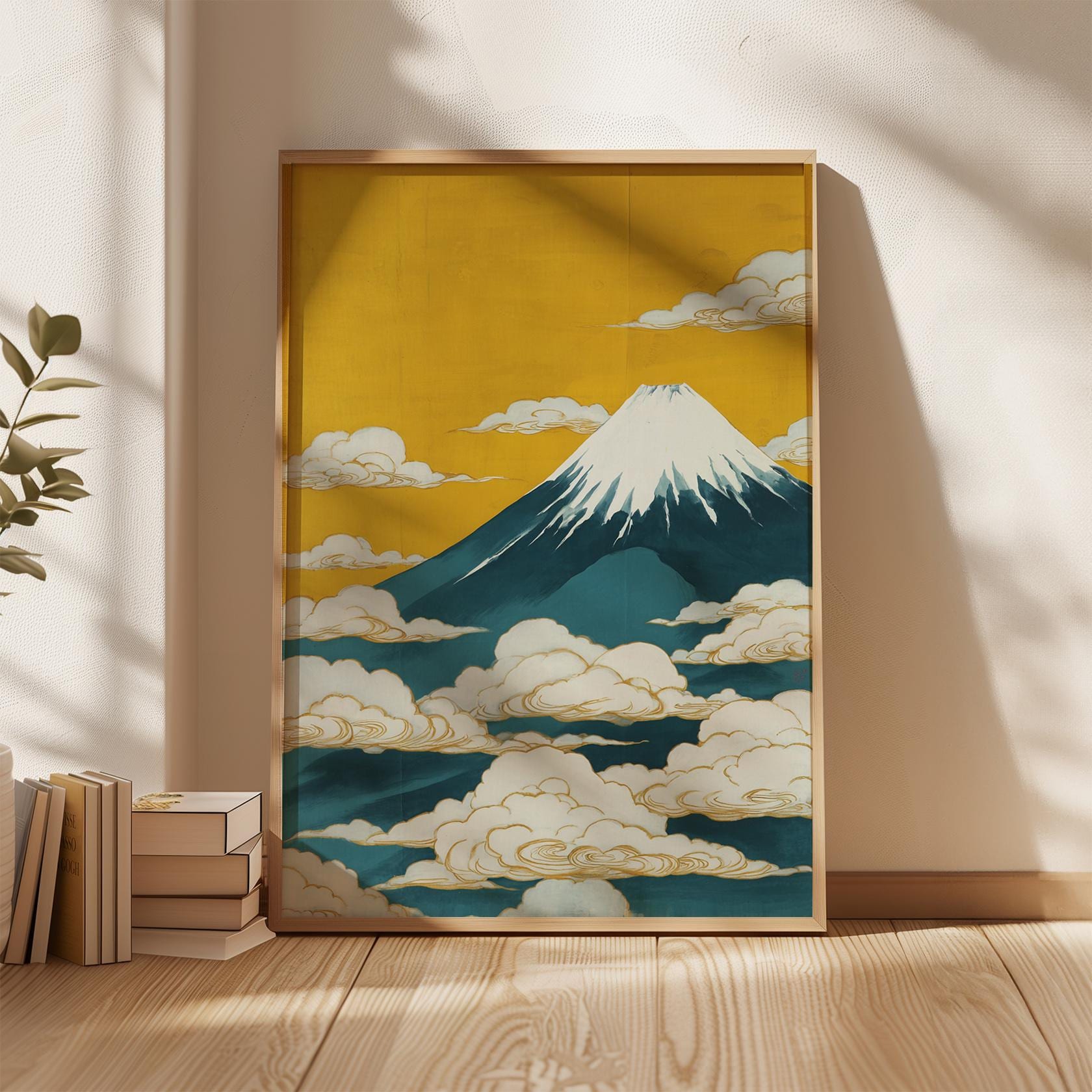 富士山ポスター、ティールとゴールドの日本画、縦長の山の壁アート
