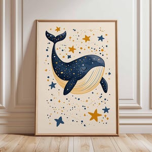 Póster de ballenas: adorable impresión de ballena estrellada, arte mural infantil, diseño de ballena de dibujos animados, arte oceánico de ensueño, póster de animales divertidos, decoración infantil