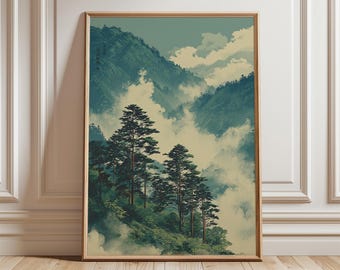 May include: Framed art print featuring a serene mountain landscape with tall pine trees and soft clouds. The artwork uses a muted color palette of greens, blues, and beige, creating a tranquil and natural scene. The print is displayed in a light brown wooden frame.