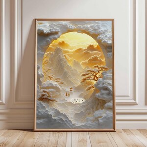 Golden Mountain Sunset Poster - Bewölkte Landschaftskunst, Asiatisch inspirierte ruhige Szene, ruhiger Wasserfall & Tempel, friedliche Naturdekoration