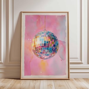 Disco Ball Wall Art Print, Pink Watercolor Party Poster, Funky Retro Room Decor, Vibrant Dance Night Art, Colorful Music Party Vibe