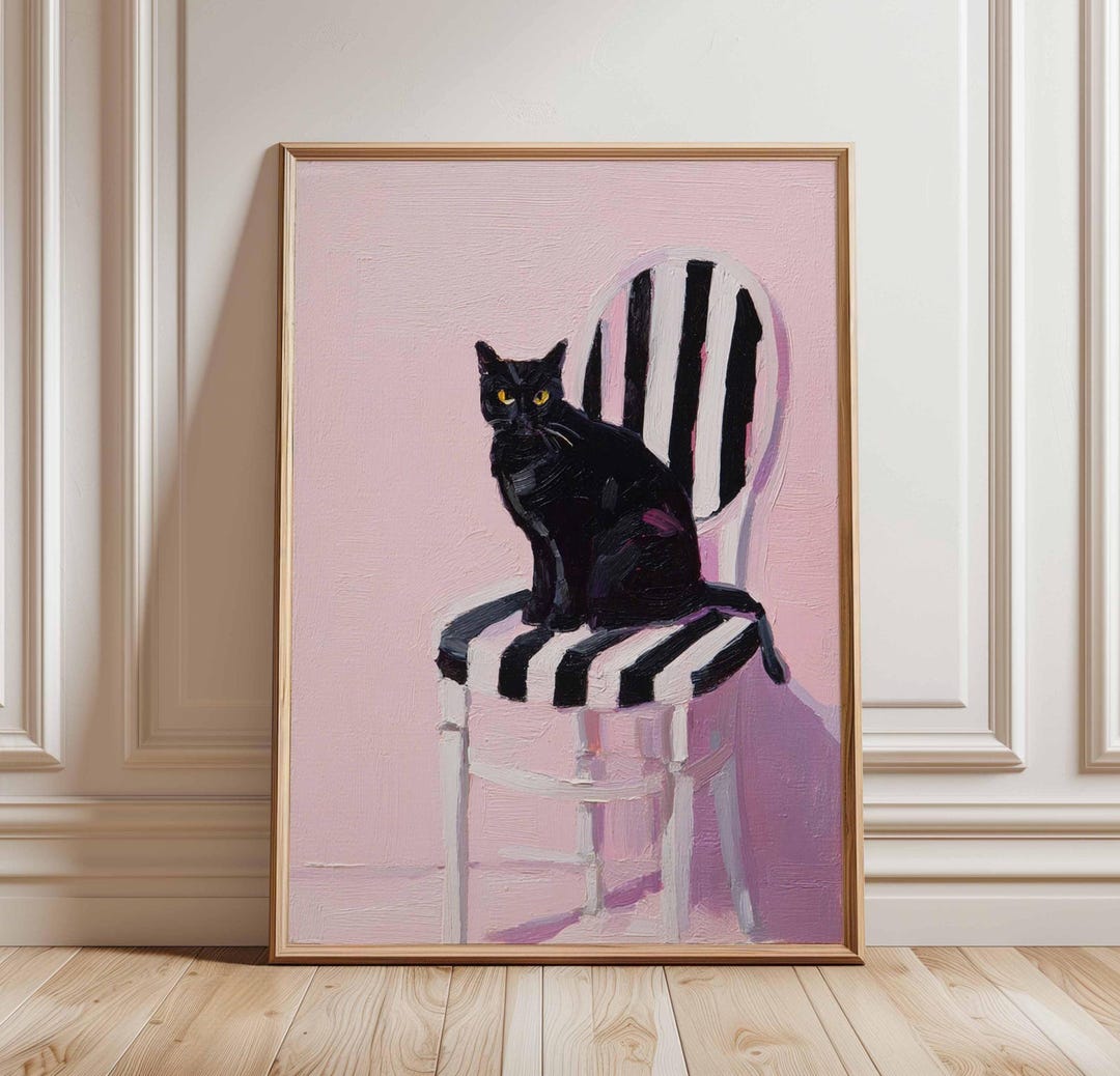 Black Cat Poster, Pink Wall Art With Striped Chair, Modern Cat Print ...