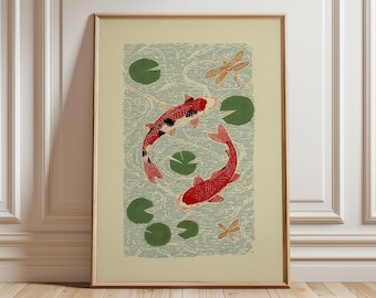 Cuadro decorativo de peces koi, estampado de estanque japonés, ilustración de koi rojo con nenúfares