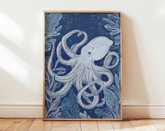 Octopus Wall Art Print Navy Blue Ocean Animal Poster Coastal Sea Life Illustration Marine Bathroom Decor Unframed Nautical Design