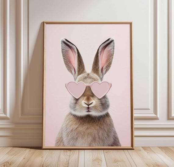 Cute Bunny Poster with Heart Glasses, Pink Nursery Animal Wall Art, Funny Rabbit Print for Girls Room, Whimsical Kids Decor