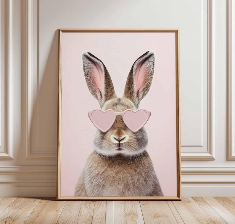 May include: Framed art print featuring a close-up of a rabbit wearing pink heart-shaped sunglasses. The rabbit has brown fur and pink ears, set against a soft pink background. The artwork is in a wooden frame.