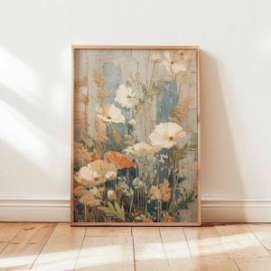 art mural vintage fleurs sauvages, affiche prairie florale rustique, impression botanique cottagecore, oeuvre d&#39;art Bloom shabby chic, décoration sans cadre nature douce