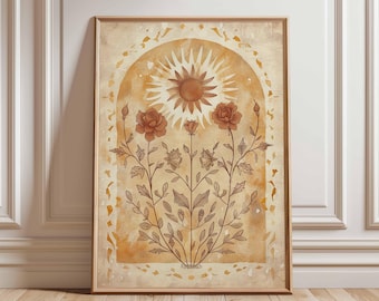 Könnte beinhalten: Gerahmter Kunstdruck mit einem Sonnenstrahl-Design über stilisierten Rosen und Blättern. Das Kunstwerk verwendet warme, erdige Töne von Braun und Beige mit einer Vintage-Ästhetik. Der Druck wird in einem Holzrahmen präsentiert.