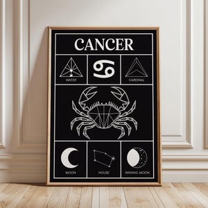 May include: A framed black and white Cancer zodiac sign art print. The print features the word "CANCER" at the top, a geometric crab illustration, and other astrological symbols. The print is in a wooden frame.