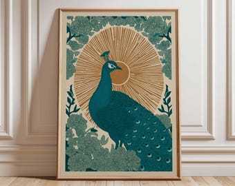 孔雀の水彩画、エレガントな鳥のアート、花の自然のプリント、華やかな