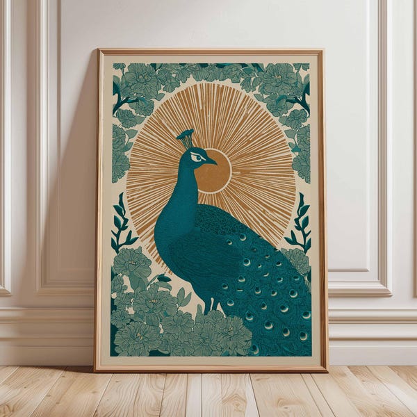 Peacock Poster Wall Art – Regal Bird Artwork Print, Botanical Floral Illustration, Vintage Inspired Nature Decor, Elegant Peacock Print