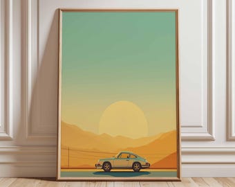 Vintage Car Wall Art Retro Sunset Poster Classic Car Print Minimalist Landscape Artwork Mid Century Style Home Decor Unframed