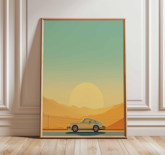 Vintage Car Wall Art Retro Sunset Poster Classic Car Print Minimalist Landscape Artwork Mid Century Style Home Decor Unframed