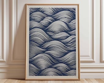 Minimalist Wave Line Art Poster – Navy Blue Abstract Ocean Print, Modern Coastal Wall Art, Japanese Inspired Sea Artwork for Home Decor
