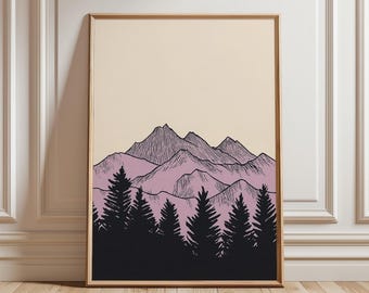 Affiche coucher de soleil sur la montagne, impression d'art mural paysage violet minimaliste, illustration vintage de la nature, scène de forêt avec ciel rose, décoration panoramique moderne