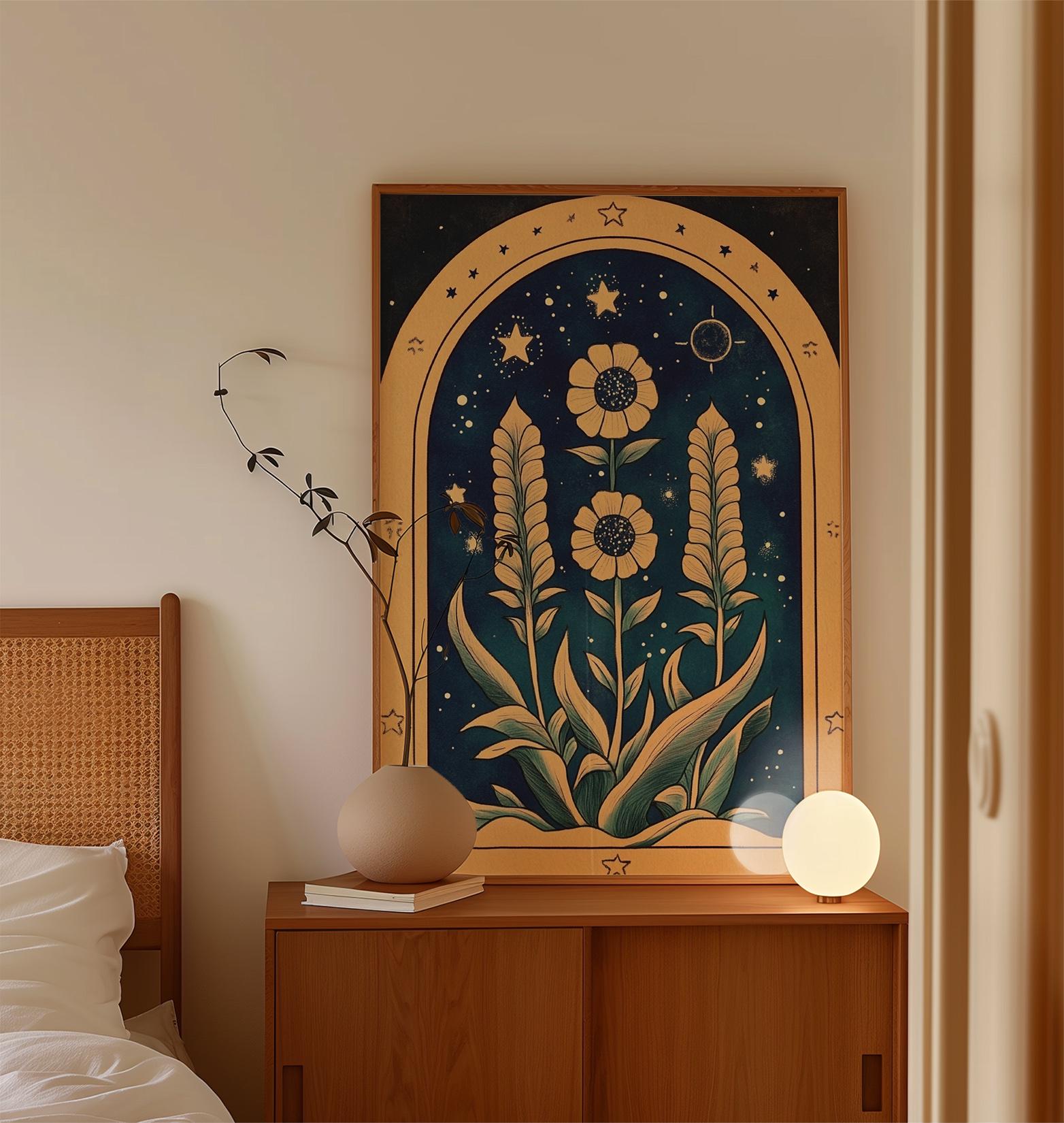 Celestial Floral Poster, Boho Night Sky Wall Art Print, Vintage ...