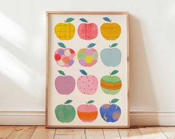 Colorful Modern Apple Print, Scandinavian Fruit Wall Art, Playful Kids Kitchen Decor, Rainbow Apple Illustration Poster Unframed