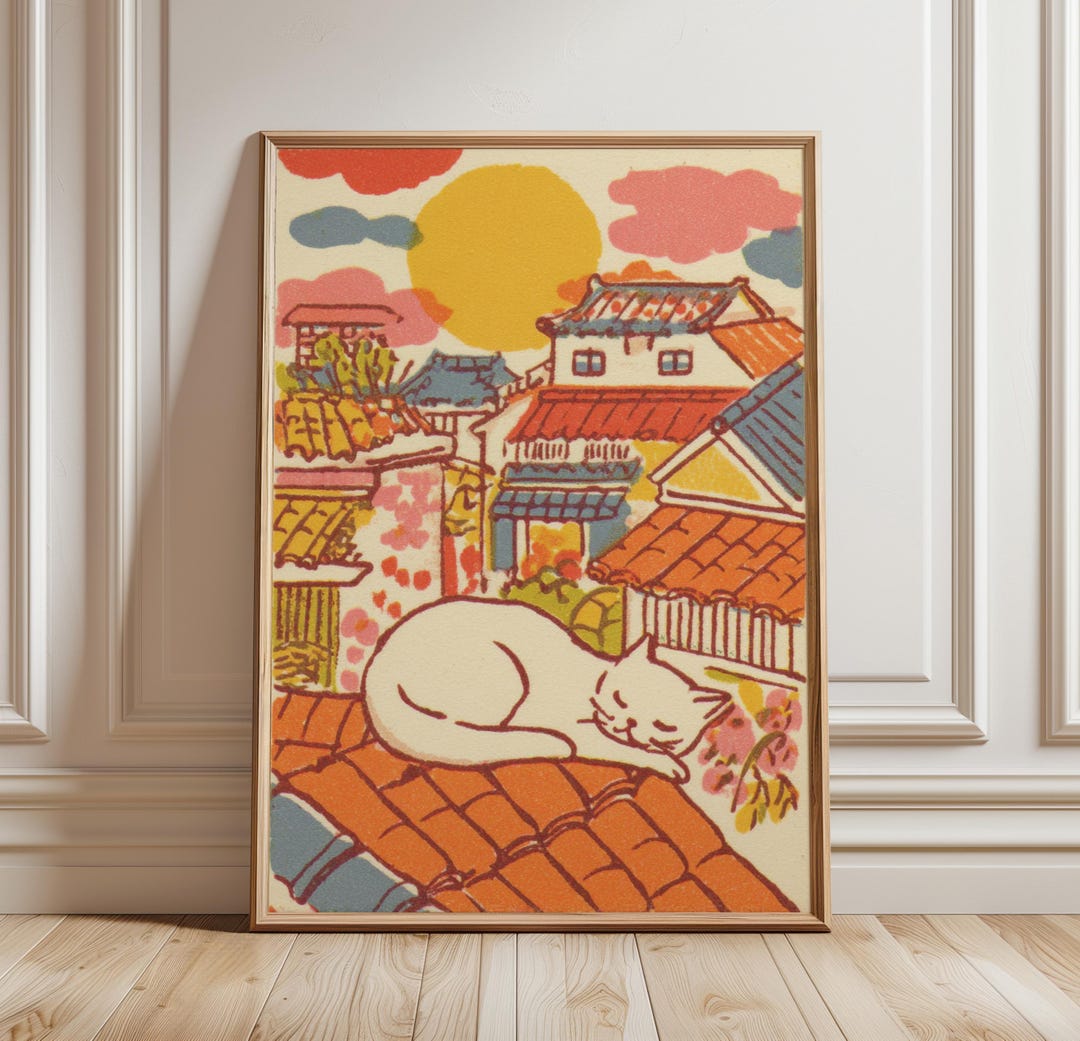 Japanese Cat Wall Art Poster White Cat City Illustration Warm Yellow ...