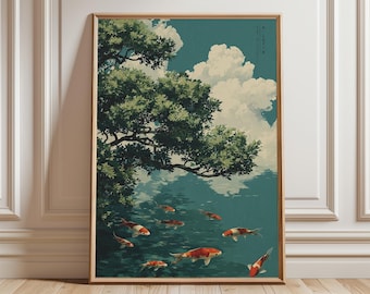 May include: Framed art print featuring a serene pond scene with koi fish. The artwork depicts a lush green tree overhanging the water, with fluffy white clouds in the sky. The koi fish are orange and white.