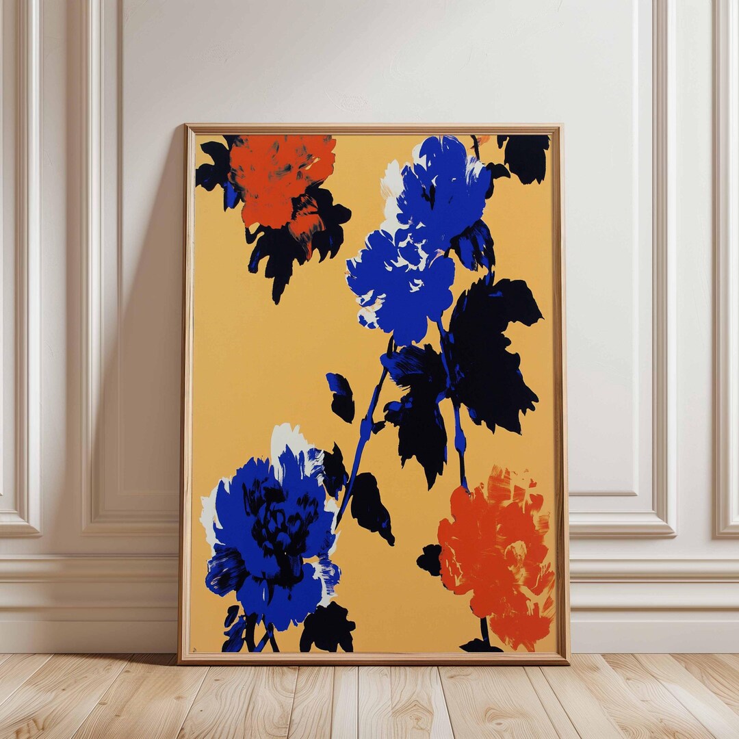 Bold Floral Poster, Modern Blue and Orange Flower Wall Art ...