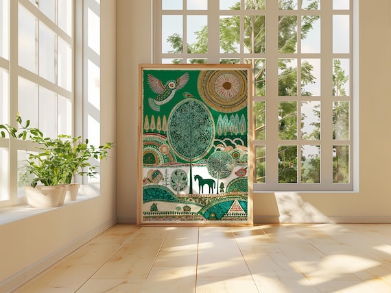 Folk Art Forest Poster, Colorful Nature Wall Art, Scandinavian