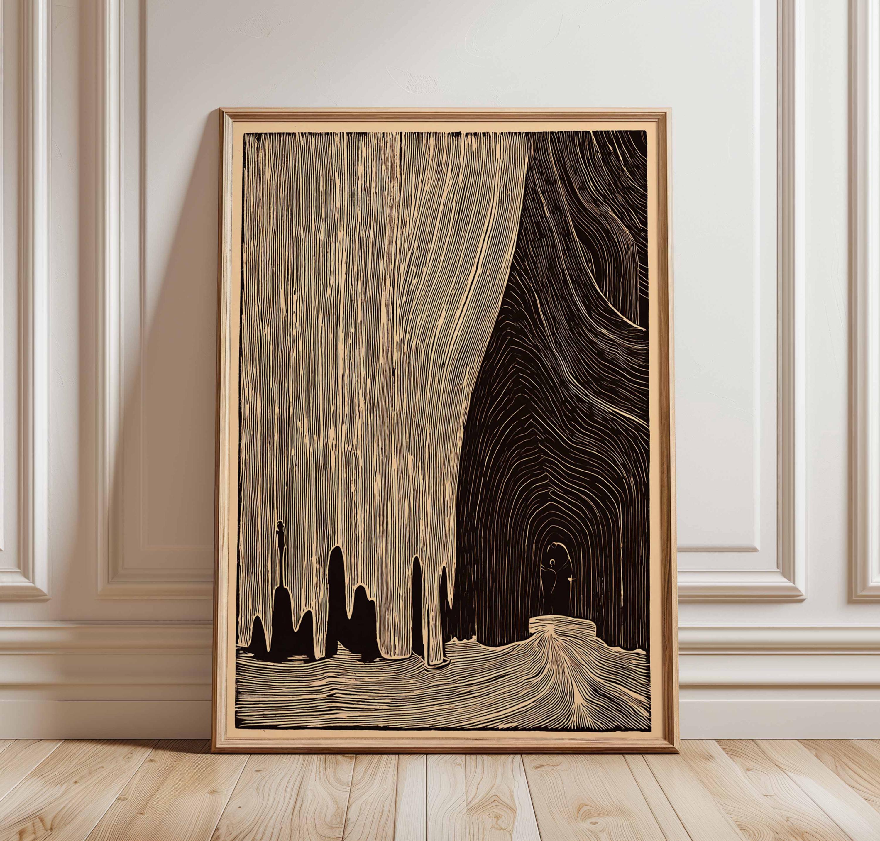 Cave Woodcut Poster Print, Dark Surreal Landscape Wall Art