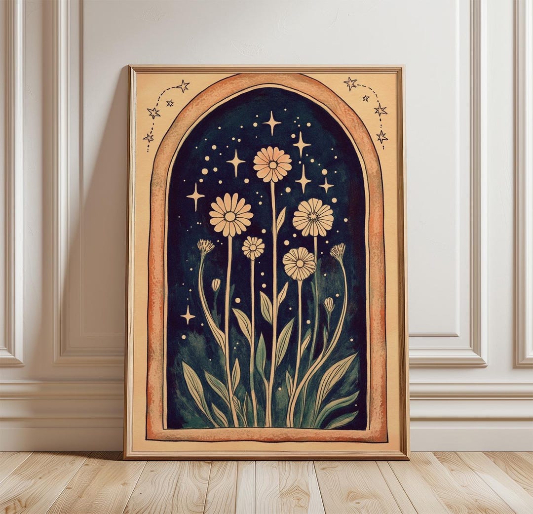 Celestial Floral Poster, Boho Night Sky Wall Art Print, Vintage ...