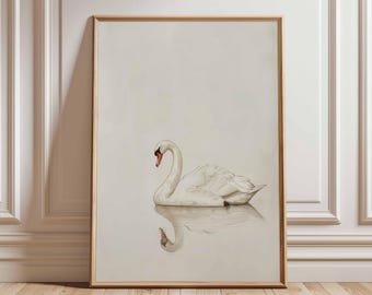 Impressão artística elegante de cisne, arte de parede minimalista de animais, pôster de pássaro branco, decoração de natureza serena para quarto ou sala de estar