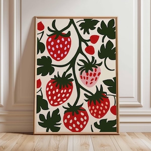 Strawberry Kitchen Wall Art, Scandinavian Folk Fruit Print, Modern Farmhouse Decor, Red Berry Poster, Unframed Botanical Art Print