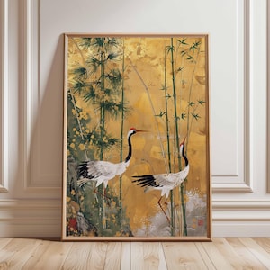 Japanese Crane Wall Art, Gold Foil Style Oriental Poster, Pine Tree Bird Print, Elegant Asian Decor, Traditional Japanese Artwork Unframed