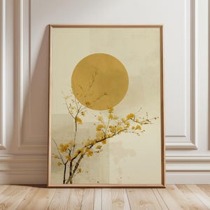 Arte murale giapponese minimalista, poster con sole giallo e fiori, stampa botanica zen per l'arredamento moderno di casa e soggiorno.