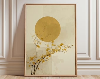 Minimalist Japanese Wall Art, Yellow Sun and Blossom Poster, Zen Botanical Print for Modern Home and Living Room Decor