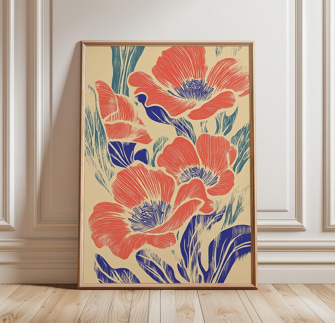 Red Floral Poster | Botanical Wall Art Print | Vintage Flower ...