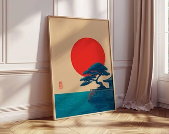 Japanese Sunset Poster, Minimalist Red Sun Wall Art, Zen Landscape