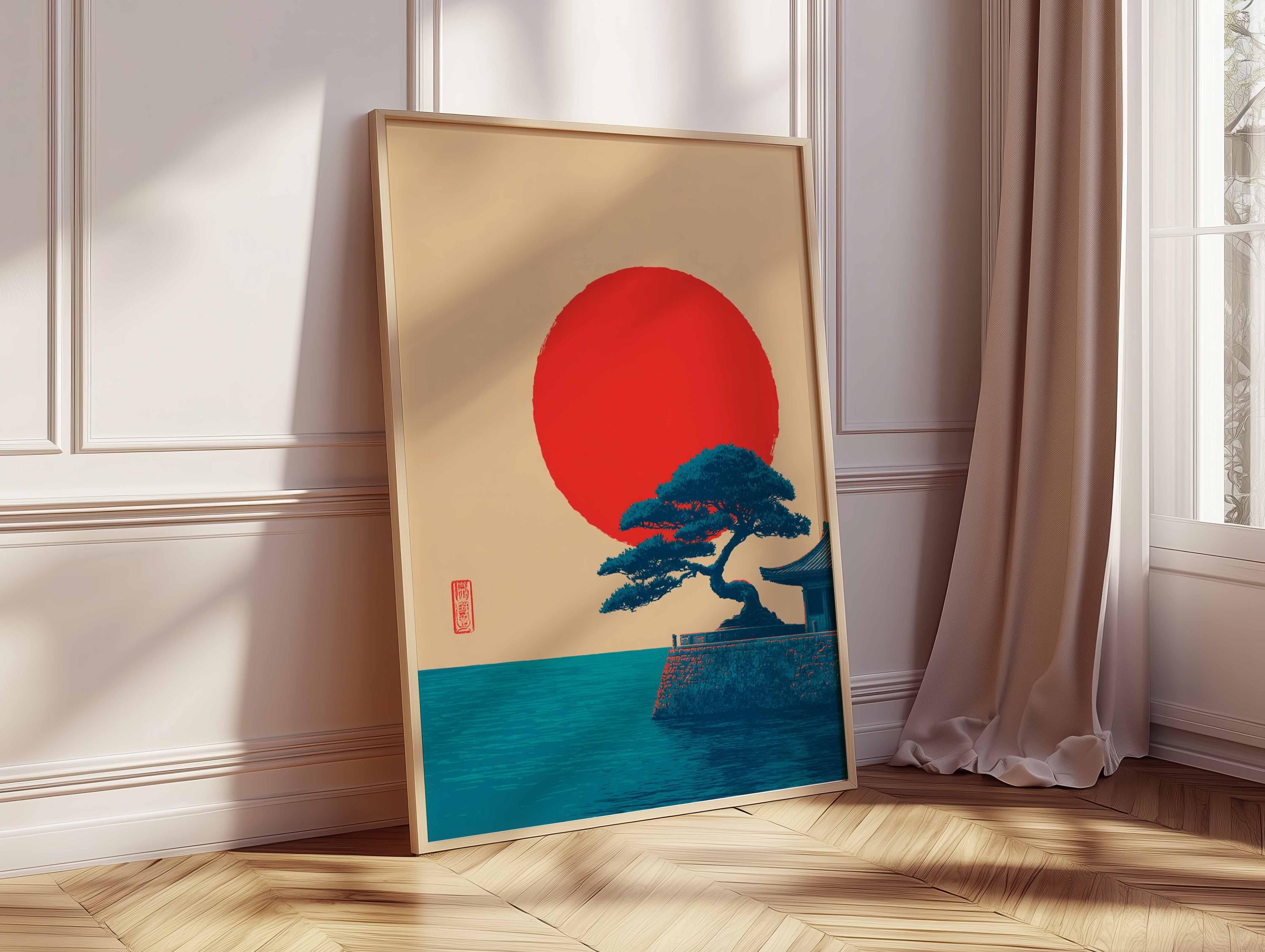 Japanese Sunset Poster, Minimalist Red Sun Wall Art, Zen Landscape