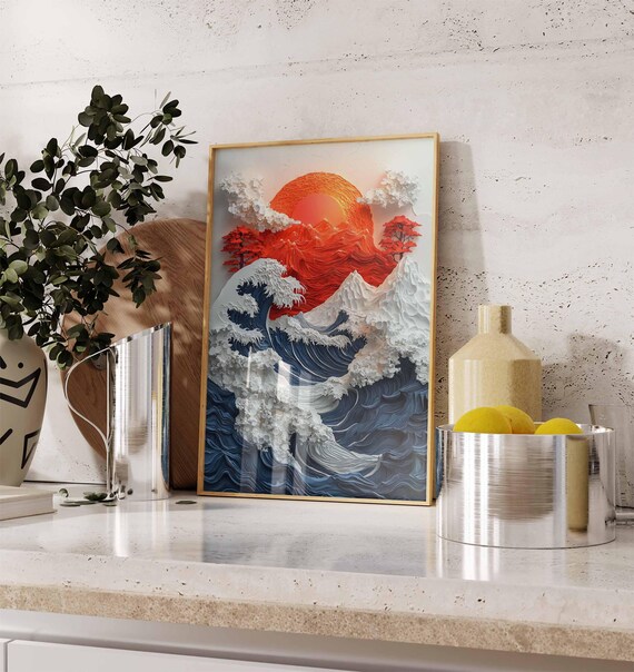 Japanese Wave Art Poster, Mount Fuji Sunset Wall Art, Hokusai