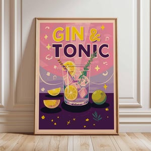 Gin and Tonic Poster, Retro Cocktail Bar Wall Art, Vintage Drink Print, Colorful Kitchen Decor, Modern Mixology Artwork for Home and Lounge