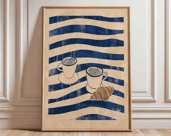 Coffee Poster, Croissant Wall Art, Modern Abstract Kitchen Print, Blue Beige Cafe Decor, Minimalist Coffee Shop Artwork, Food Illustration
