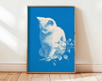 Blaue Katze Wand Kunst Druck, Minimalistisches Tier Poster, Moderne Katze Illustration Kunst, Haustier Liebhaber Wohnkultur, Zeitgenössische Katzen Druck