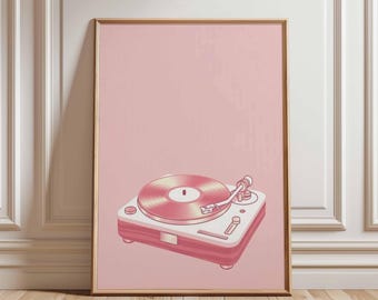 Pink Record Player Wall Art Poster, Retro Turntable Music Print, Minimalist Unframed Artwork, Aesthetic Vintage Decor for Home or Room