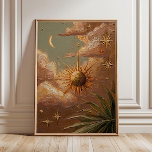 Celestial Sun And Moon Wall Art Poster, Mystical Cosmic Illustration Print, Golden Celestial Artwork, Astrology Inspired Wall Decor