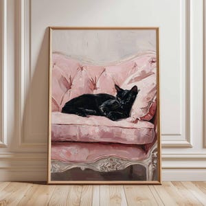 Black Cat on Pink Couch Poster, Elegant Feline Wall Art, Vintage Sofa Cat Painting, Chic Home Decor for Cat Lovers, Modern Spaces