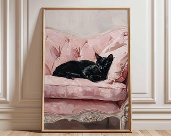 Pôster de gato preto em sofá rosa, arte de parede felina elegante, pintura de gato vintage para sofá, decoração chique para amantes de gatos, espaços modernos