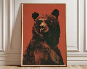 Bear Wall Art, Retro Animal Poster, Funny Bear Wearing Sunglasses, Quirky Wildlife Print