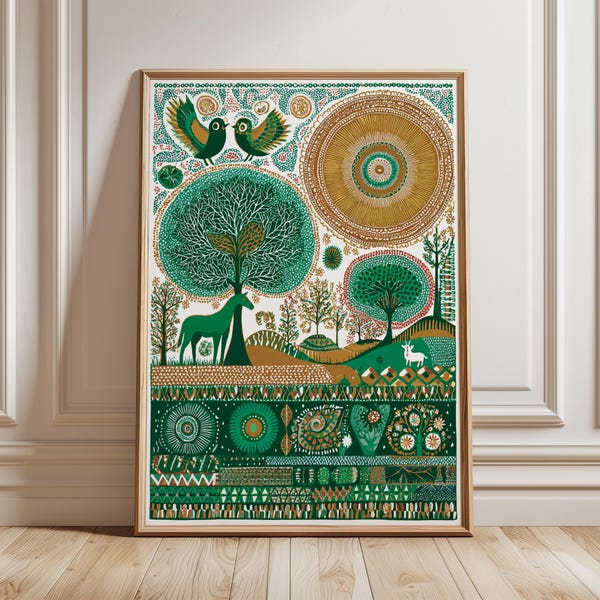 Folk Art Forest Poster, colorful nature wall art, Scandinavian illustration print, whimsical woodland decor, modern boho home artwork
