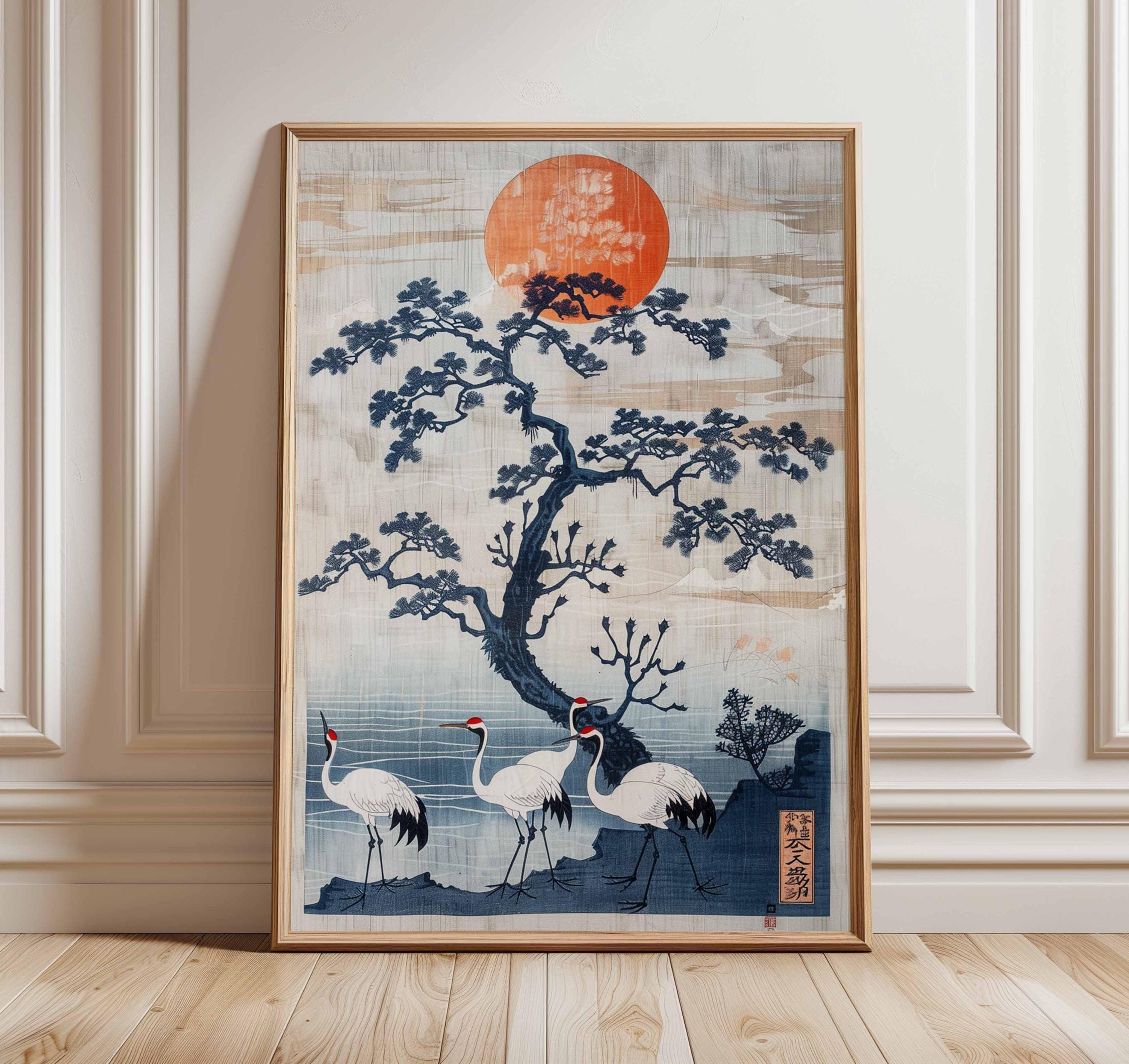 Japanese Crane Poster, Vintage Ukiyo-e Wall Art, Red Sun and Pine